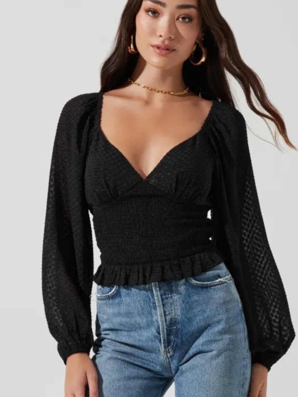 ASTR the Label Black Smocked Crop Top Balloon Sleeve - Size L